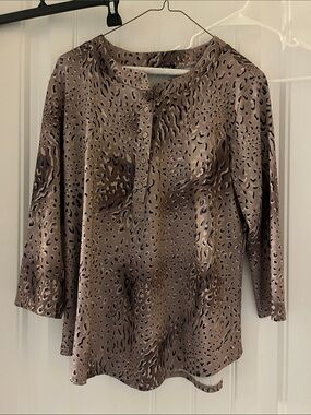 Womens Taupe Animal-Print Satin Henley Blouse